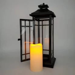 Battery Operated Metal Lantern With LED Candle - Black Window