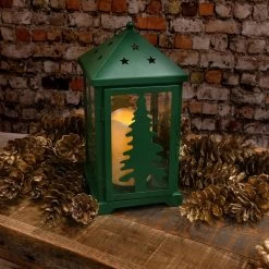 Metal Lantern With Battery Operated LED Candle - Pine Tree