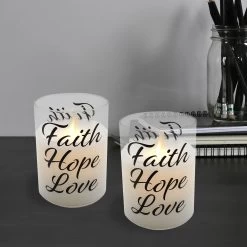 Battery Operated Glass LED Candles With Moving Flame, Faith Hope Love