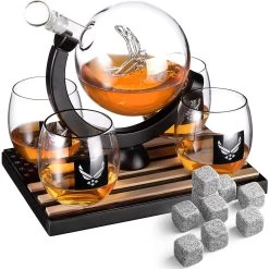 Whiskey Decanter Set With 4 Liquor Glasses Air Force Whisky Decanter & Glass Set With Wood Base & 9 Whiskey Stones