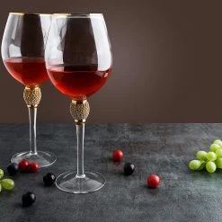 Large Rhinestone Diamond Glasses With Gold Rim -Set Of 2 (15 Ounces)