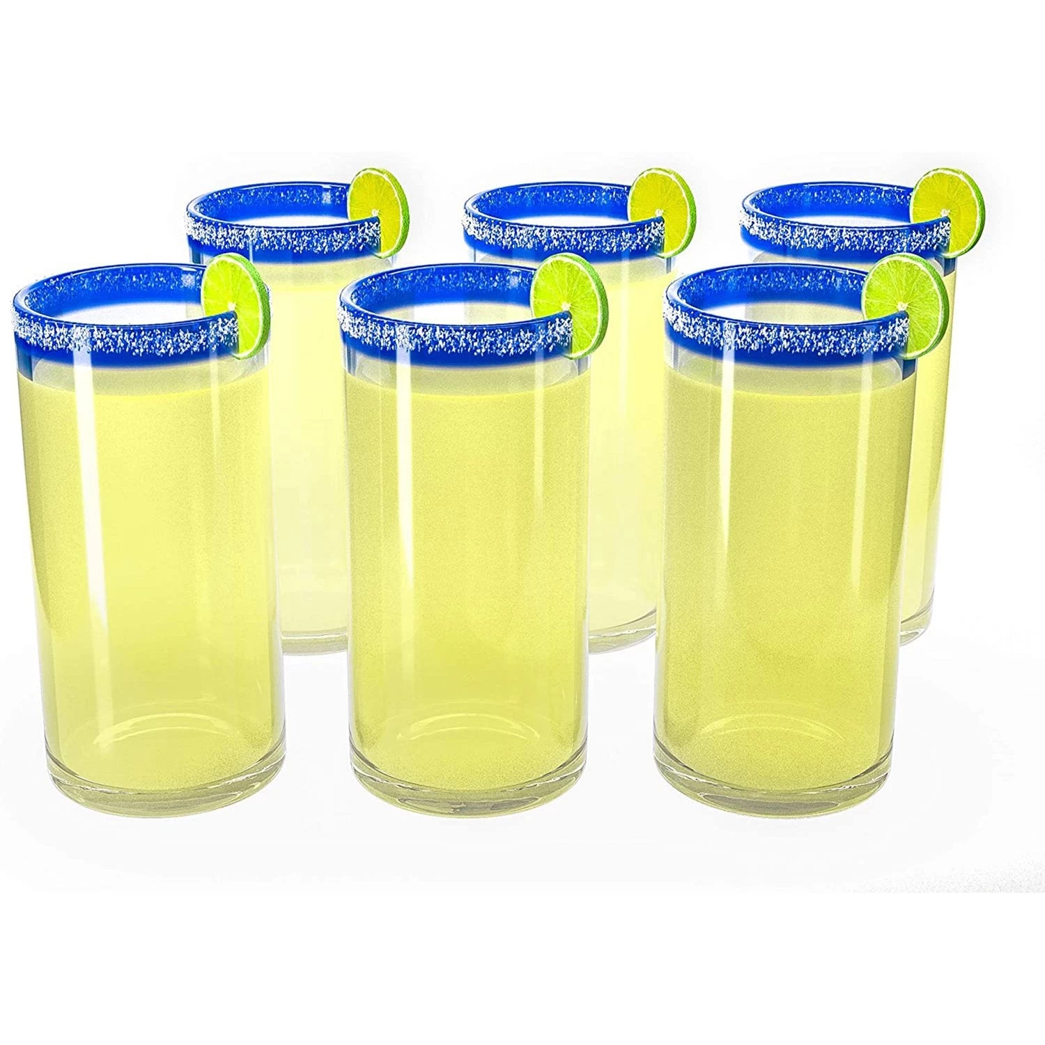 Hand Blown Mexican Drinking Glasses-Set Of 6 Glasses With Cobalt Blue Rims