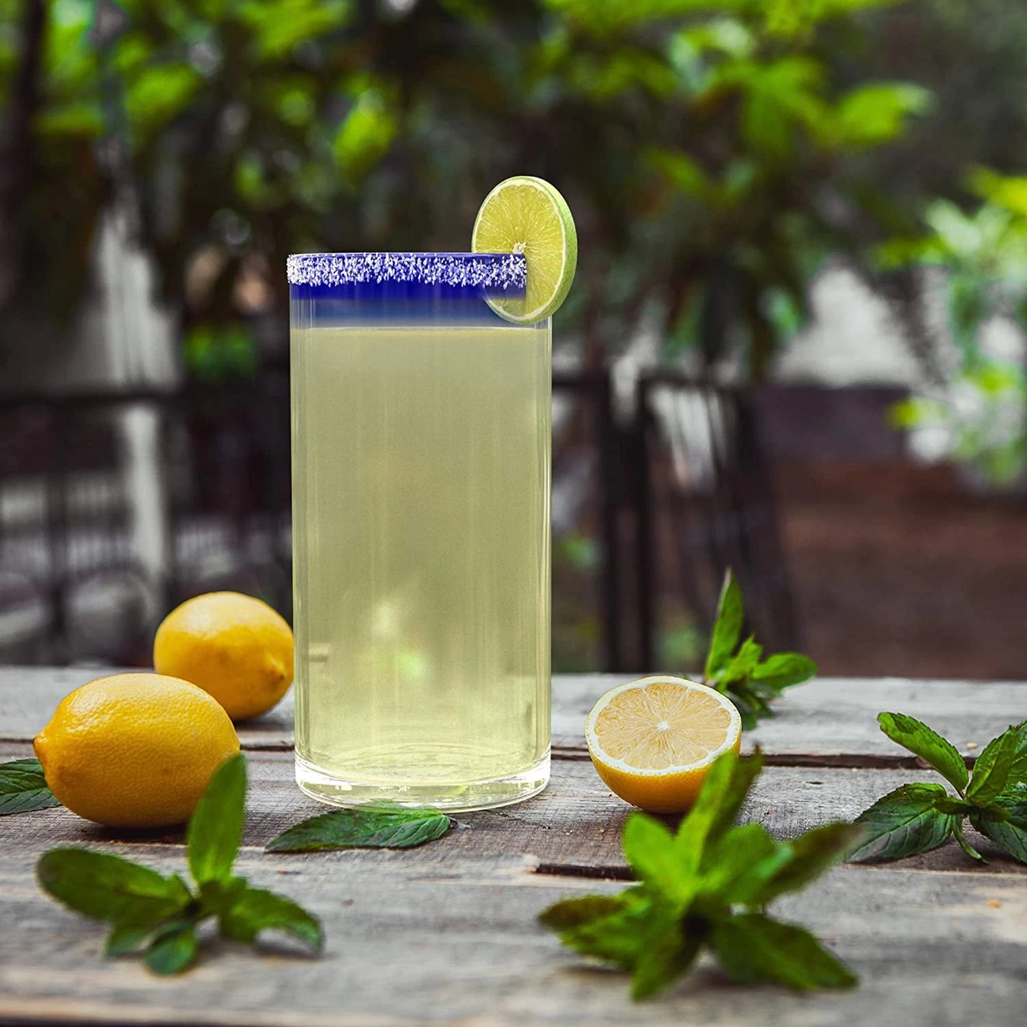 Hand Blown Mexican Drinking Glasses-Set Of 6 Glasses With Cobalt Blue Rims - Image 2