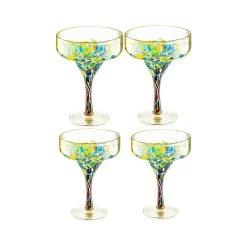Mexican Design Hand Blown Margarita Glass-Set Of 4 Luxury Hand Blown Confetti Margarita Glasses (16 Oz)