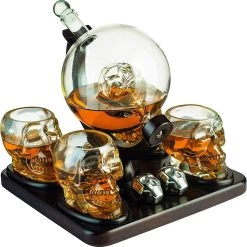 Large Skull Face Decanter With 4 Skull Shot Glasses And Beautiful Wooden Base And 4 Skull Whiskey Chillers
