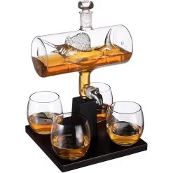 Sailfish Whiskey Decanter Dispenser And 4 Liquor Glasses - Whisky Decanter & Glass Set