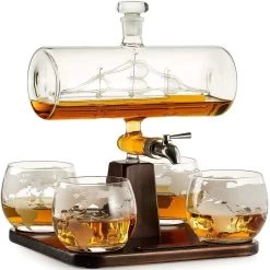 Whiskey Decanter With Antique Ship With 4 Globe Glasses
