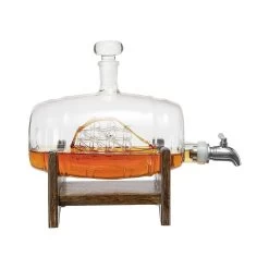 Whiskey Ship In A Barrel Decanter With Ship With 2-10 Oz Ship Glasses