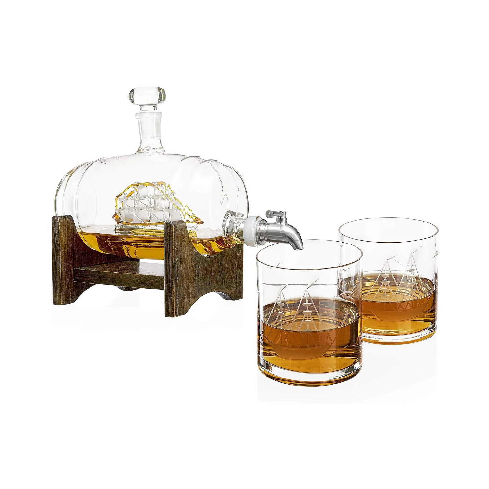 Whiskey Ship In A Barrel Decanter With Ship With 2-10 Oz Ship Glasses - Image 2