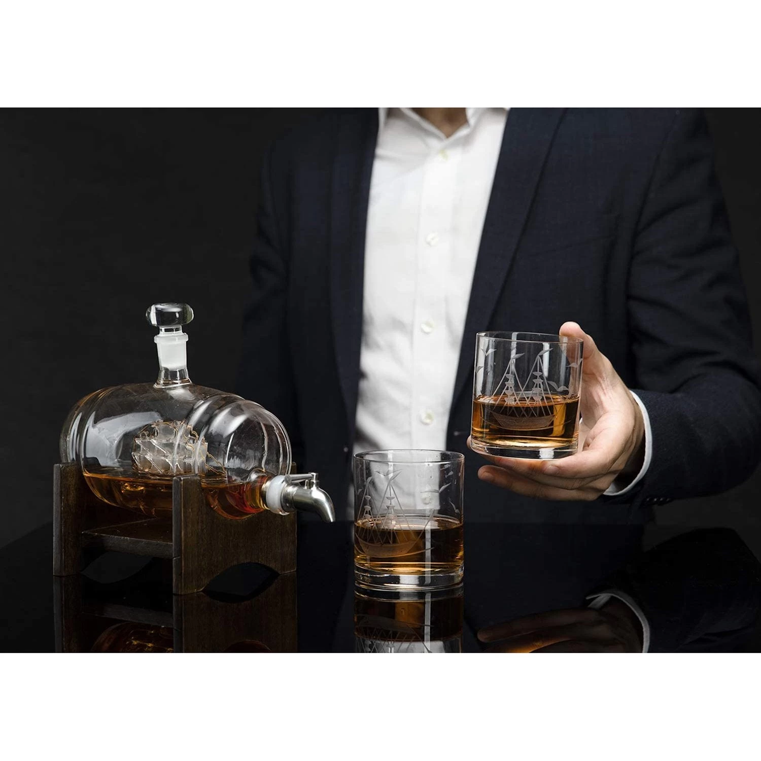 Whiskey Ship In A Barrel Decanter With Ship With 2-10 Oz Ship Glasses - Image 3