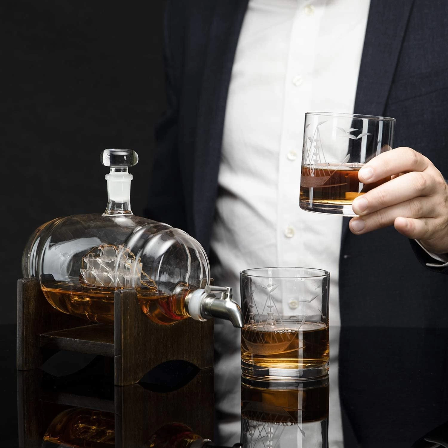 Whiskey Ship In A Barrel Decanter With Ship With 2-10 Oz Ship Glasses - Image 5