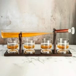 Baseball Bat Whiskey Decanter And 4 Baseball Whiskey Glasses